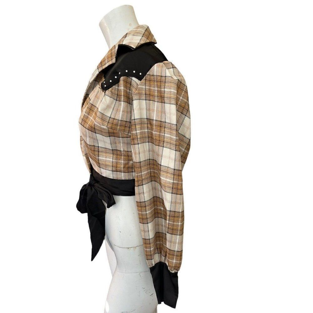 Ladies Small 4 Beige Plaid Cropped Wrap Jacket Metallic Black Satin Yoke NWT - Picture 3 of 7